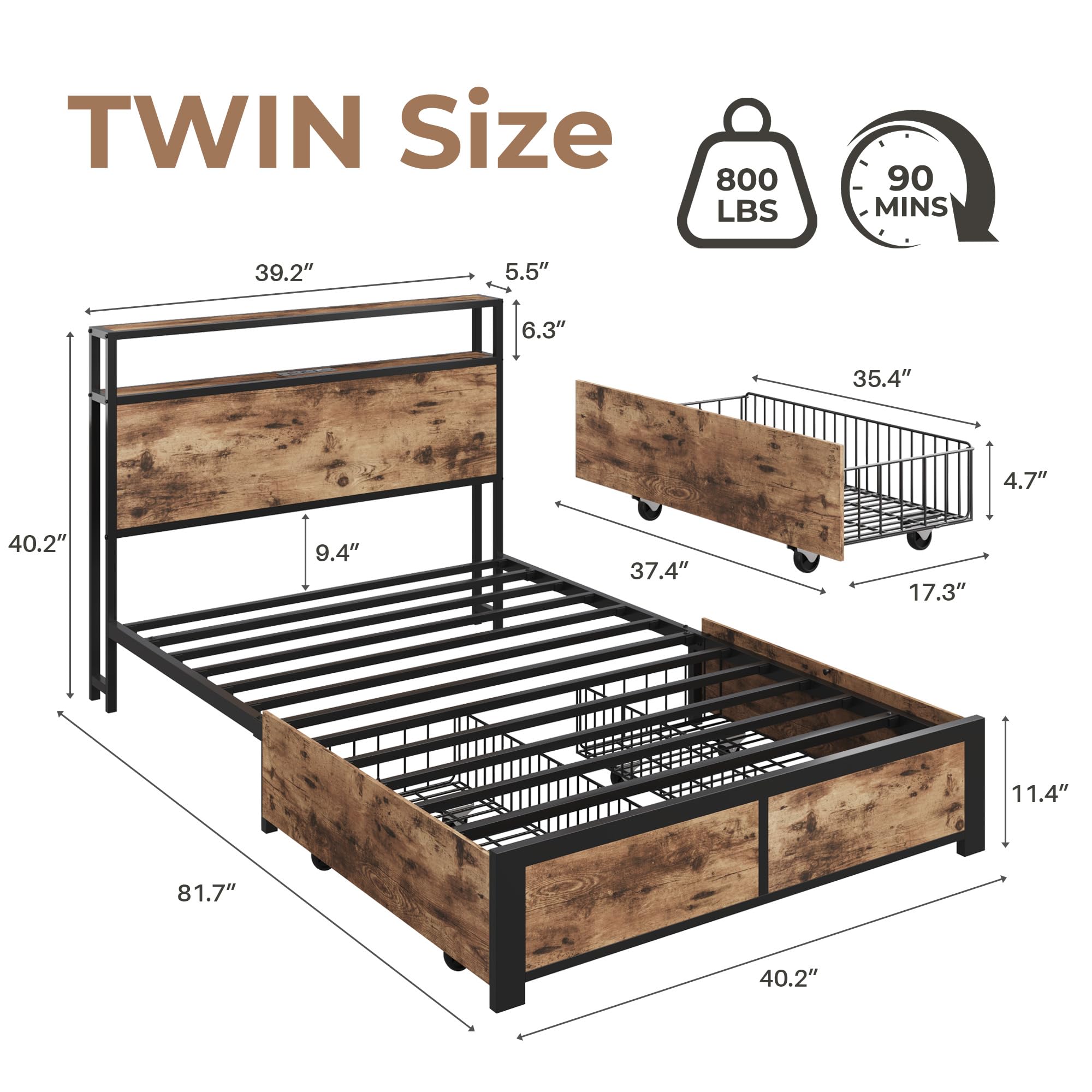 Twin Bed Frame with Storage Headboard and Charging Station