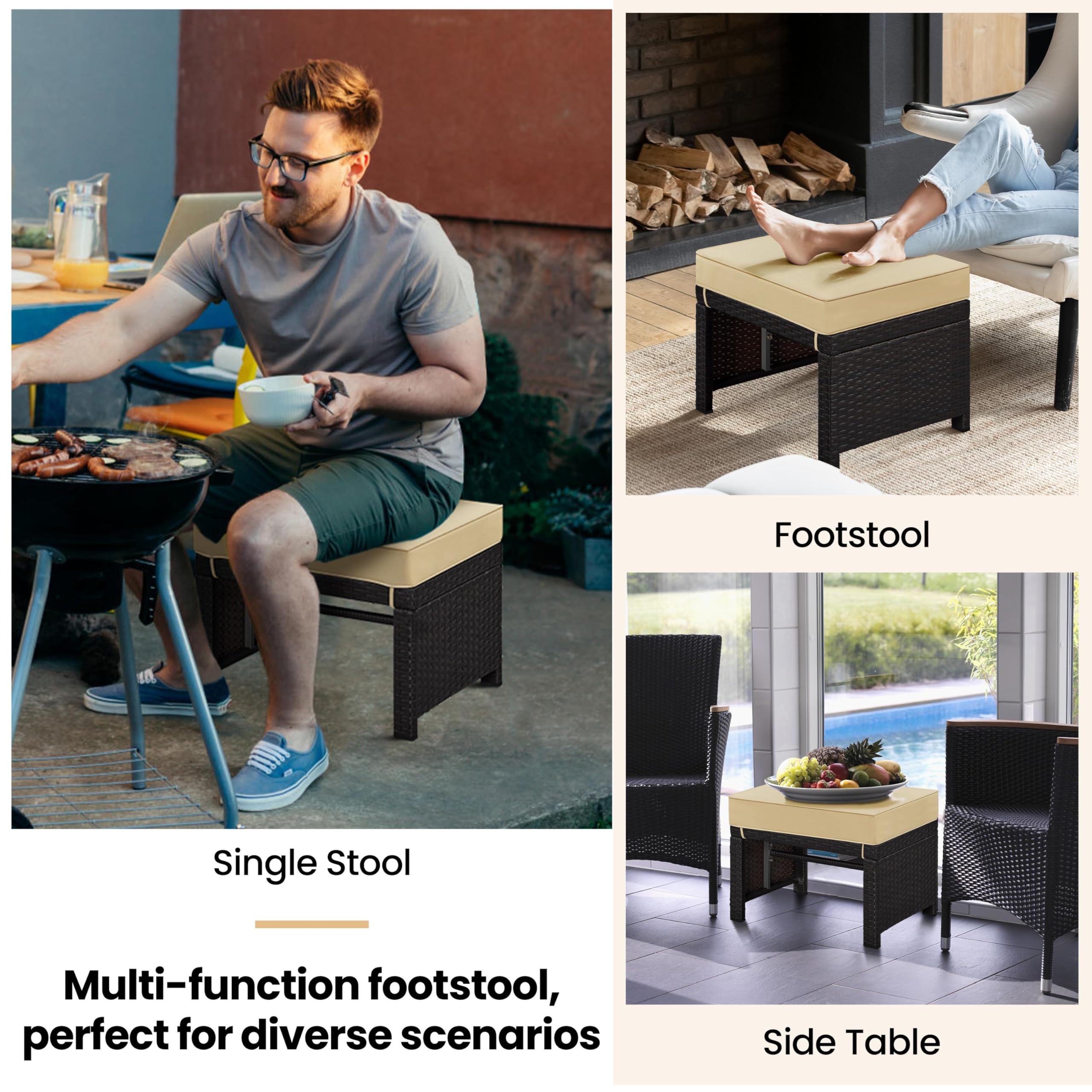 Wicker Ottoman Set of 2 with Removable Cushions