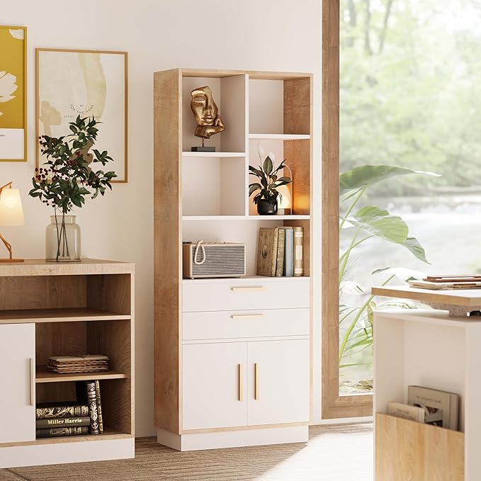 Wood Bookcase with 2 Drawers and Doors