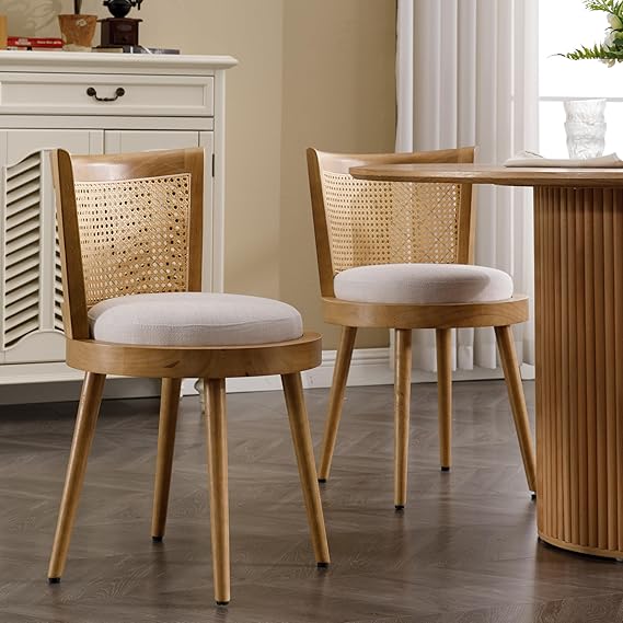 Rattan Dining Chairs Set of 4 with Beige Linen Upholstery