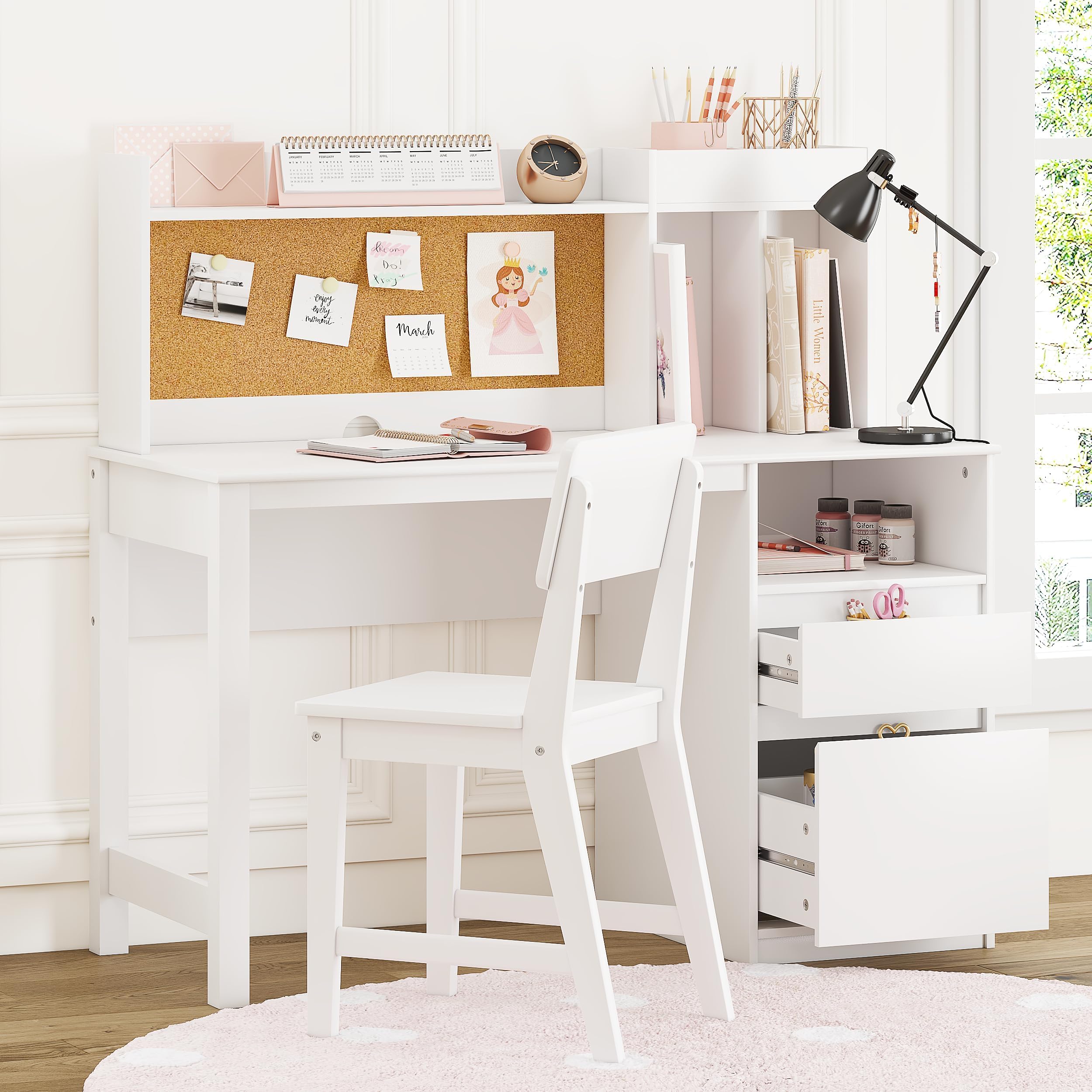 Kids Desk and Chair Set with Hutch and Storage