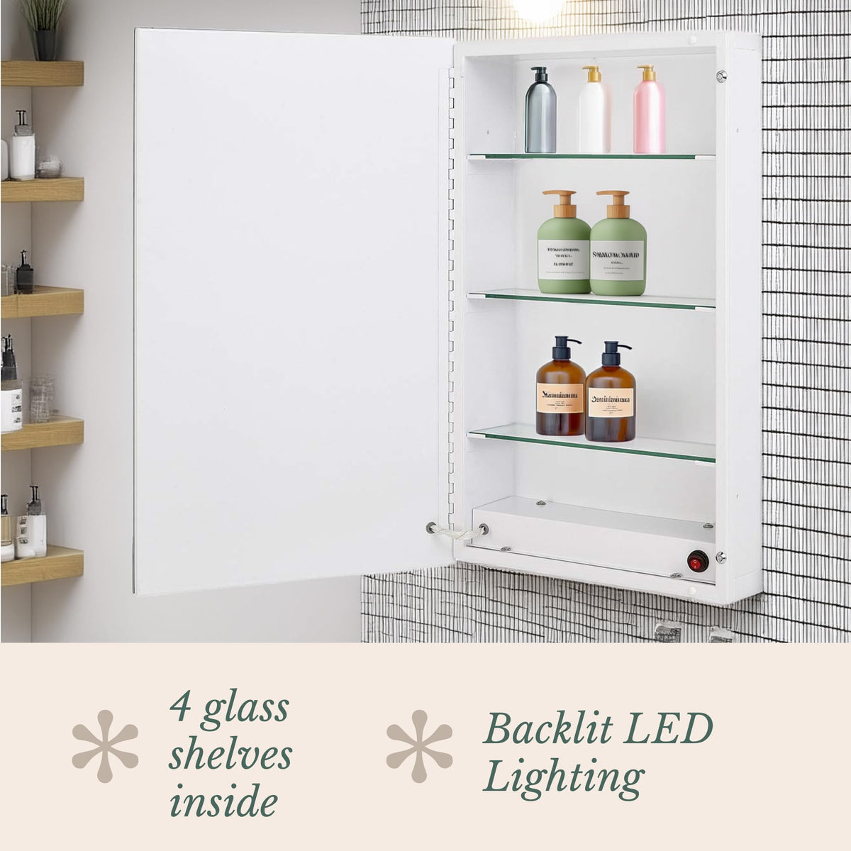 Bathroom Mirror Medicine Cabinet with LED Lighting and 4 Glass Shelves