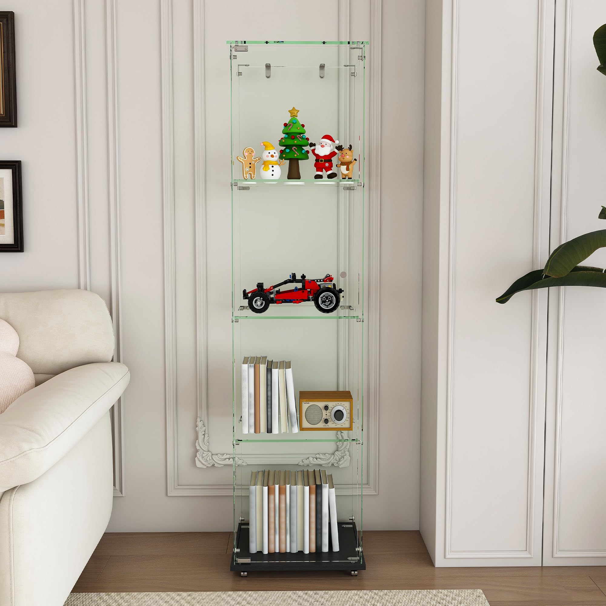 Glass Display Cabinet with LED Light and Wheels