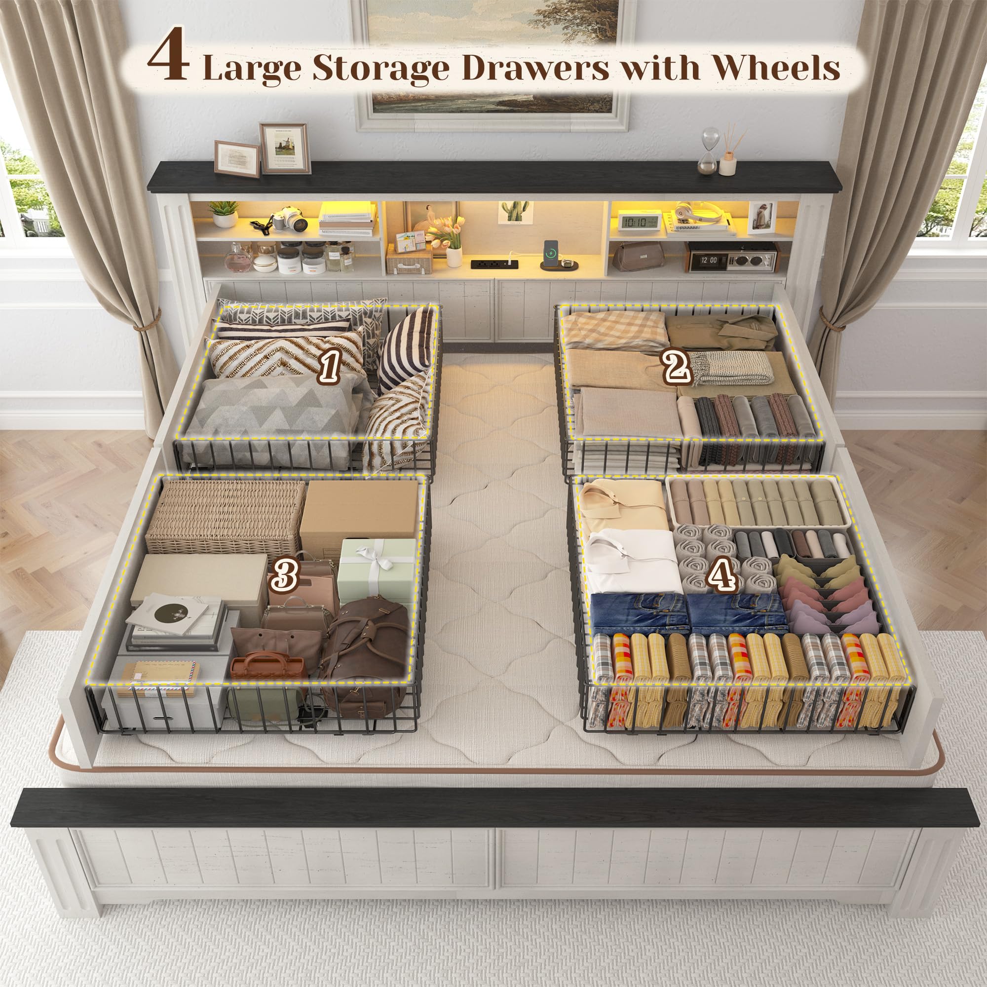 King Size Bed Frame with Storage Drawers and LED Charging Station