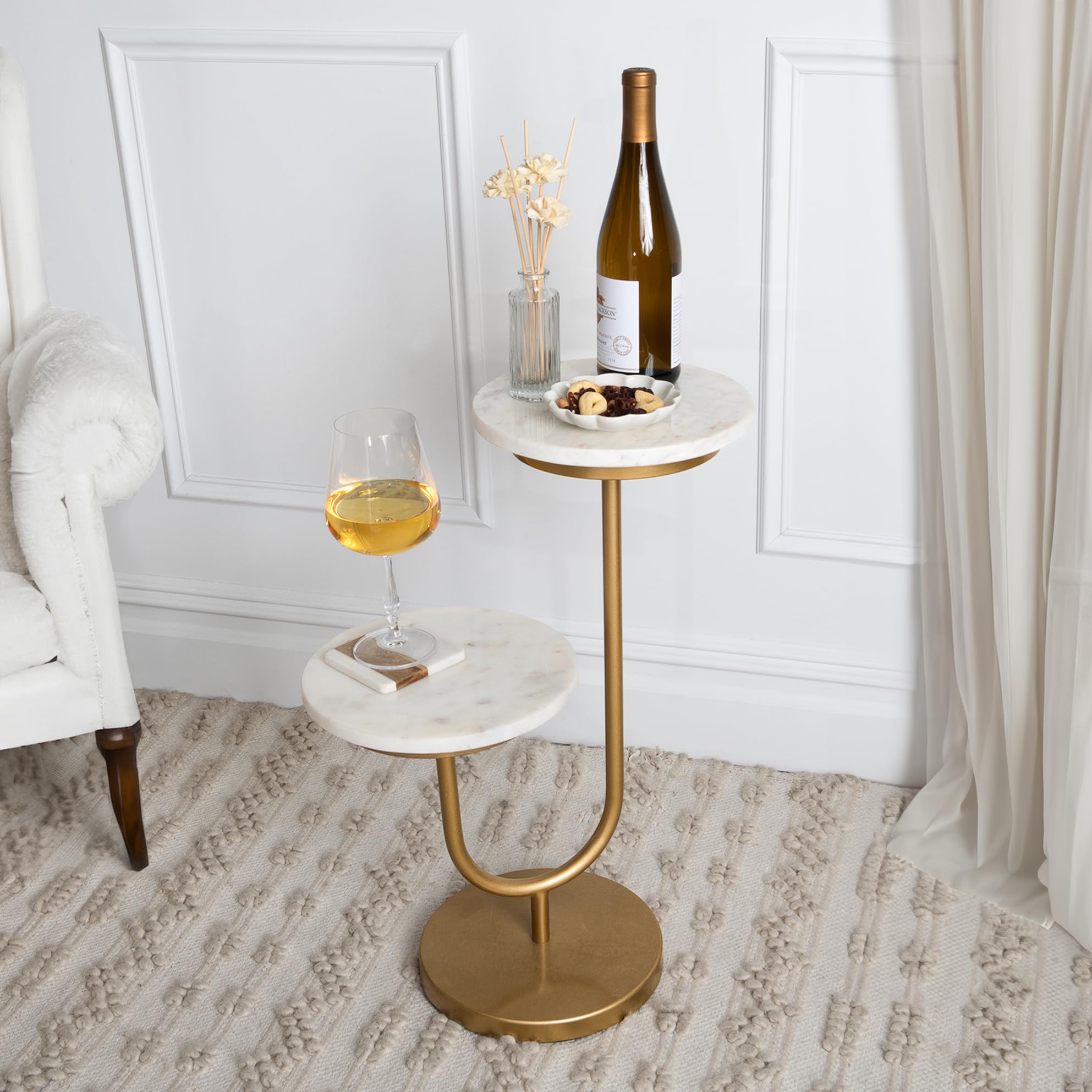Contemporary Marble and Gold Two Tier Accent Table