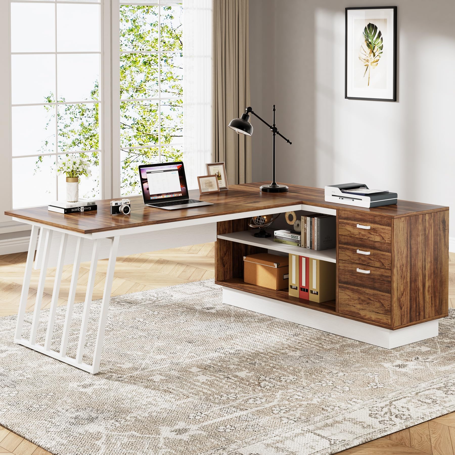 71-Inch L-Shaped Executive Desk with Cabinet and Storage