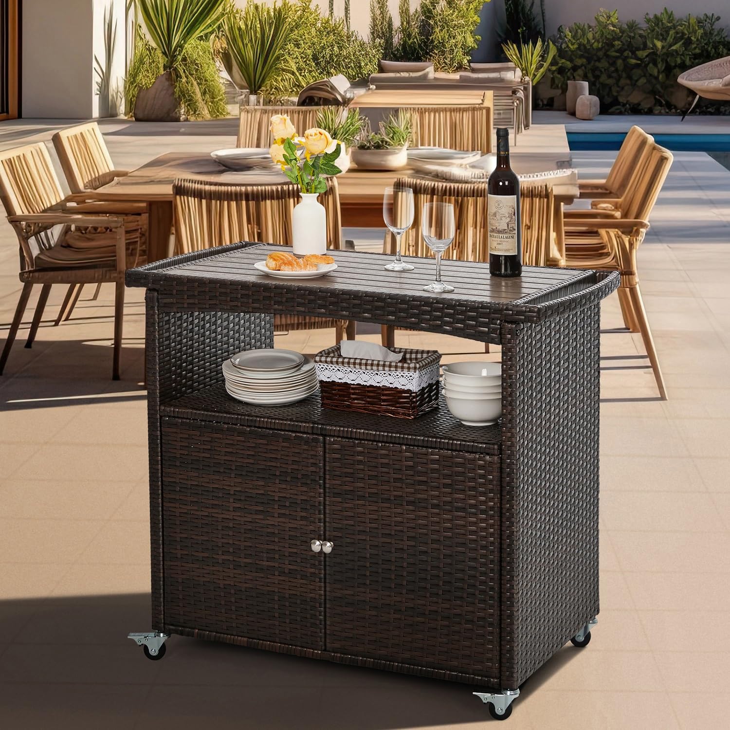 Outdoor Wicker Bar Cart with Storage Cabinet and Rolling Wheels