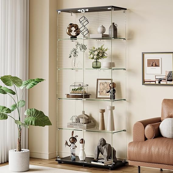 Glass Display Cabinet with 4 Shelves Double Doors Black