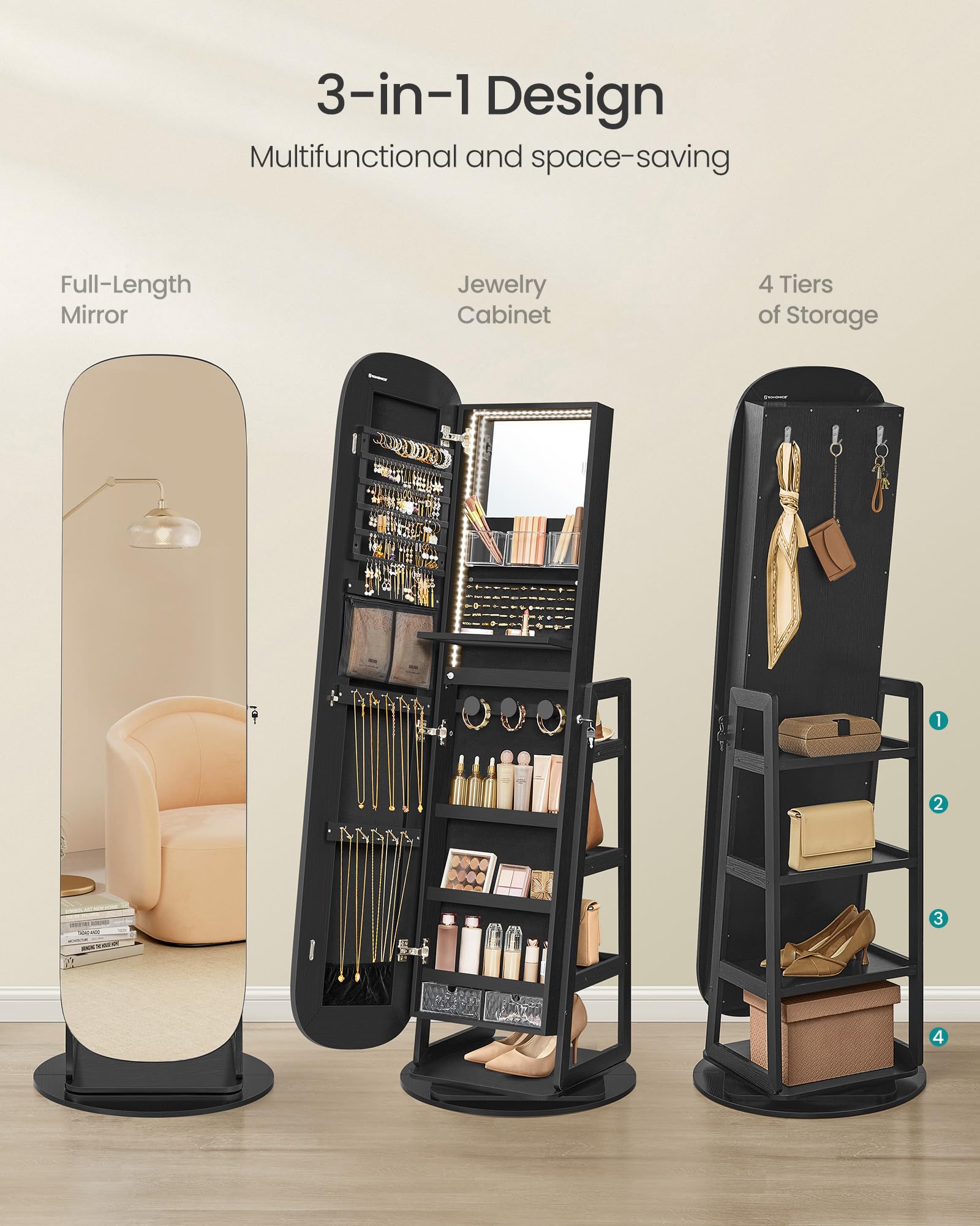 LED Jewelry Cabinet with 360° Swivel Mirror