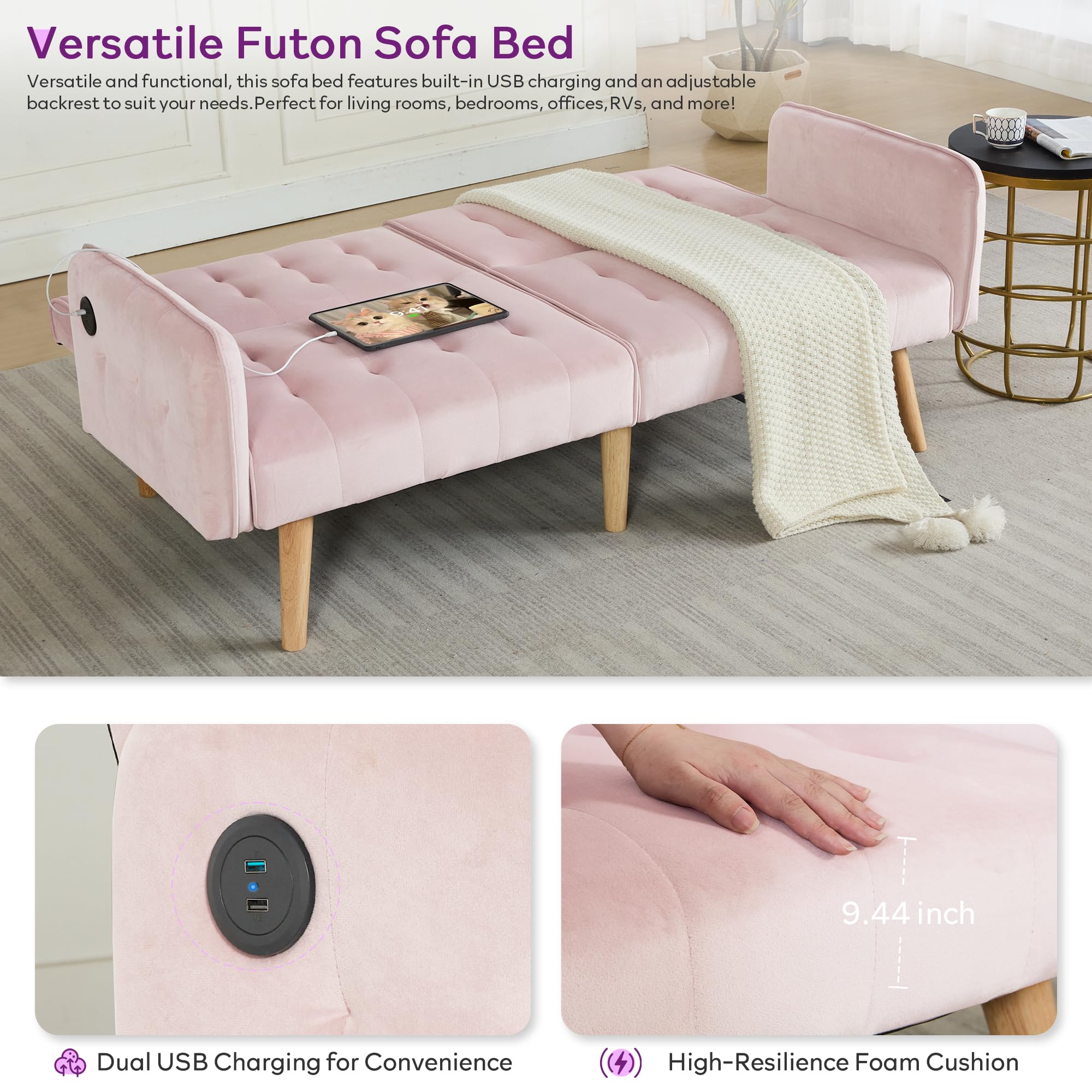 TYBOATLE 65" W Velvet Modern Convertible Folding Futon Couch Sofa Bed w/ 2 USB Charging Ports and arms, Loveseat for Compact Living Space, Dorm, Game Studio, Bonus Room, Apartment, Bedroom (Pink)