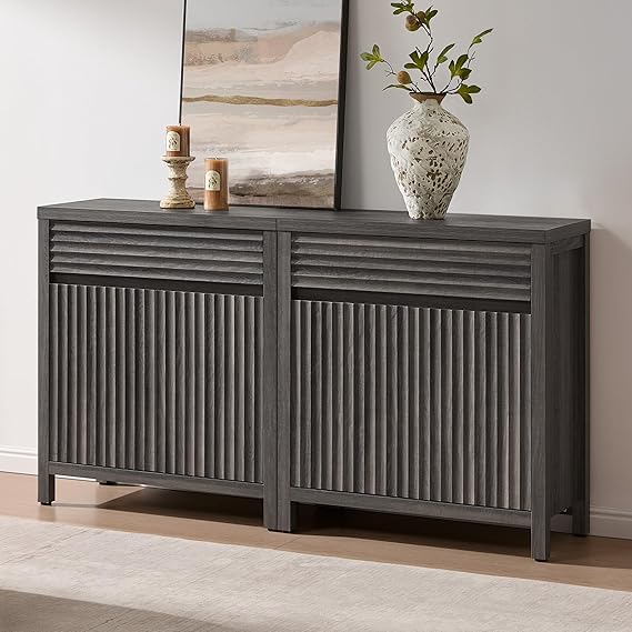 Fluted Buffet Cabinet with Storage - 87" Sideboard with Drawers and Adjustable Shelves
