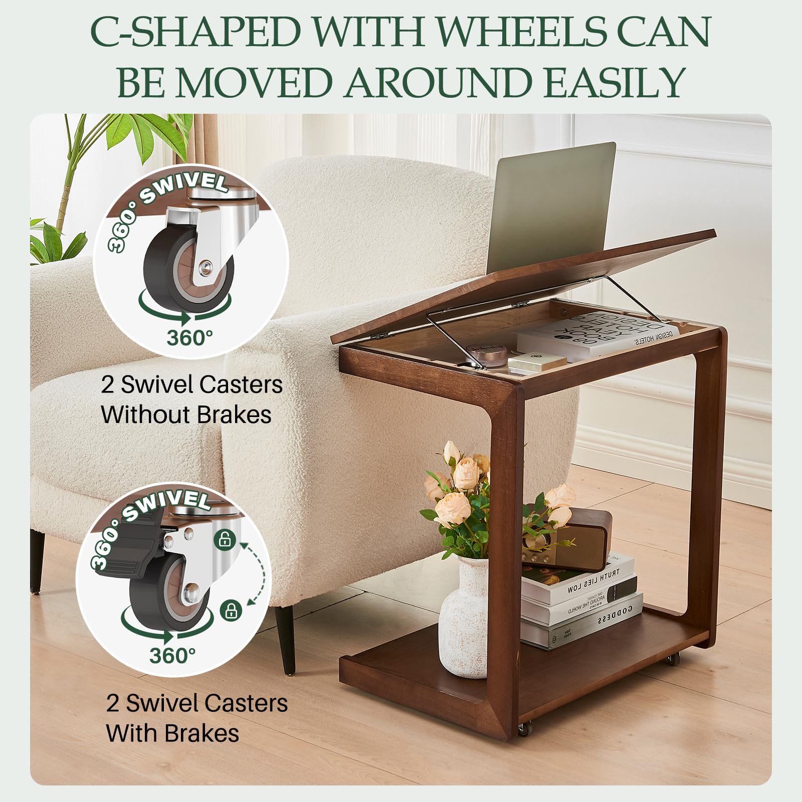 C-Shaped Rolling End Table with Wheels