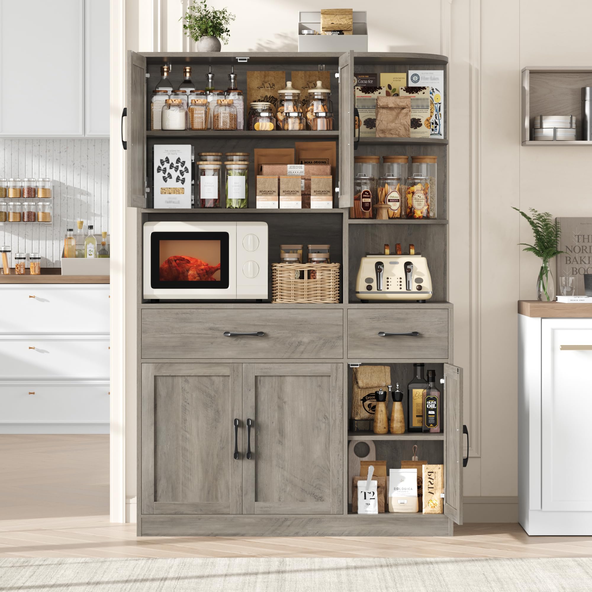 67" Kitchen Pantry Cabinet with Microwave Stand