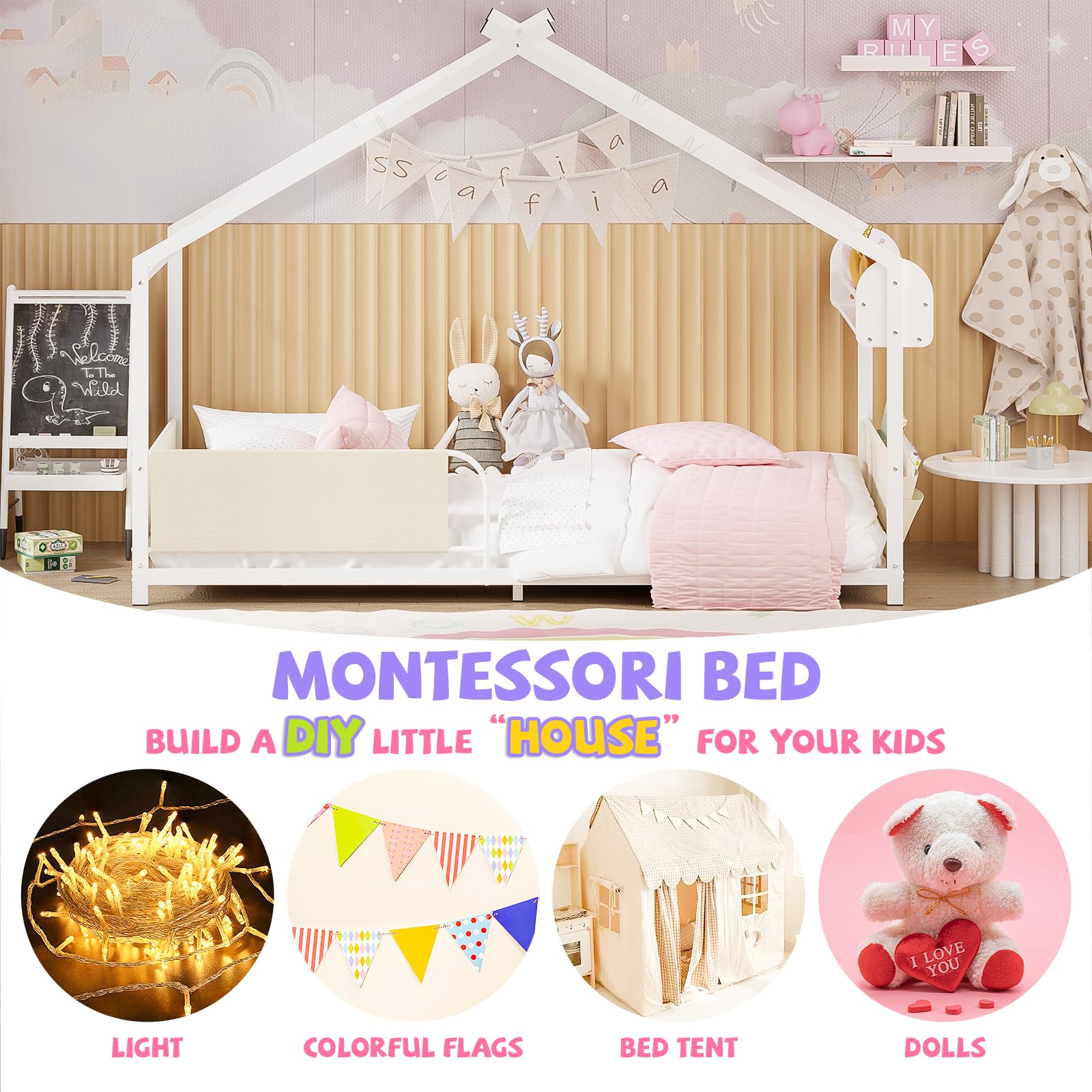 House Shape Twin Montessori Bed with Storage Rack