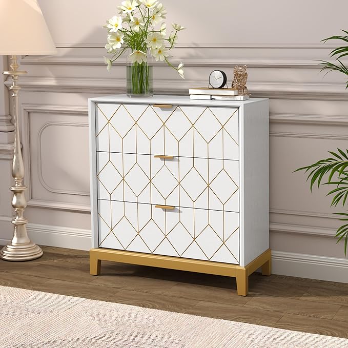 3 Drawer Dresser with Gold Trim - Modern Wood Chest Storage Cabinet