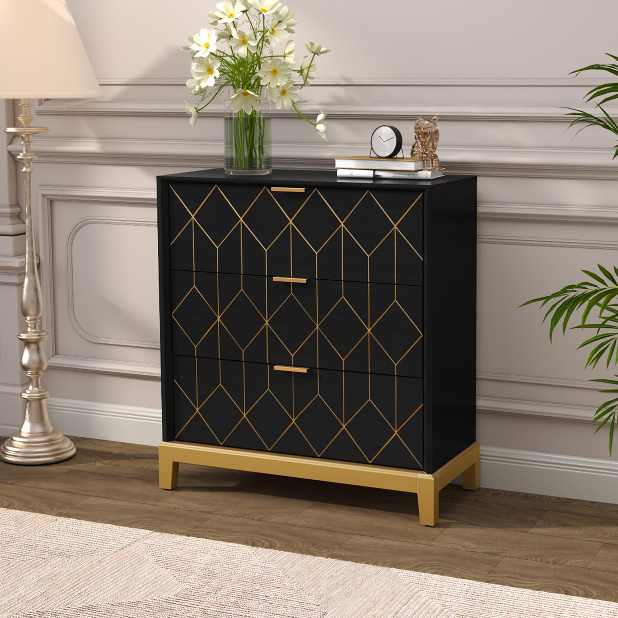 3 Drawer Dresser with Gold Trim - Modern Wood Chest Storage Cabinet