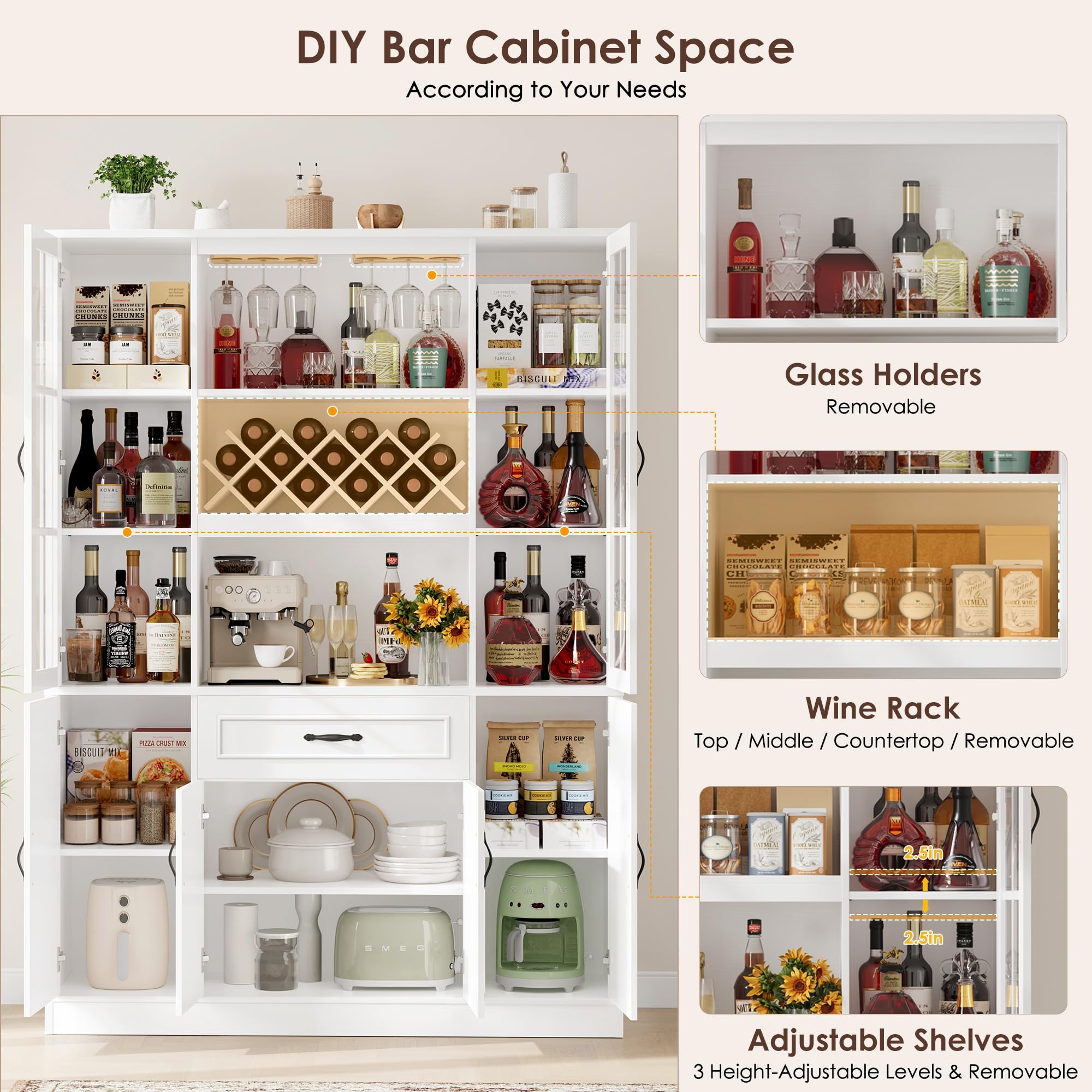 74" Kitchen Pantry Cabinet with Glass Door and Wine Rack