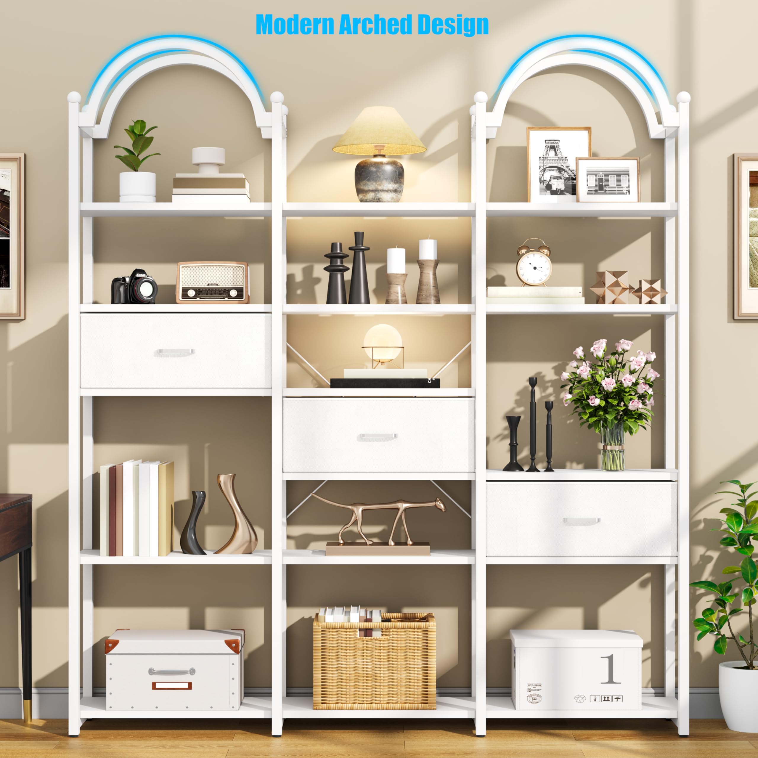 83.5" Tall Arched Bookshelf with 3 Drawers and 13 Storage Shelves