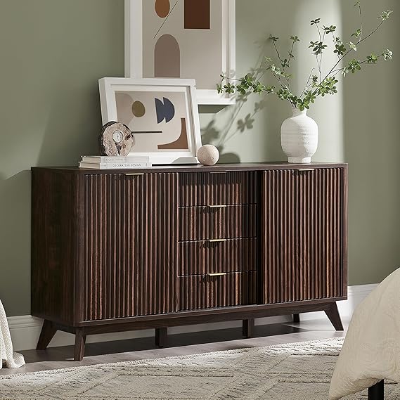 60" Fluted Dresser with Sliding Doors and 4 Drawers