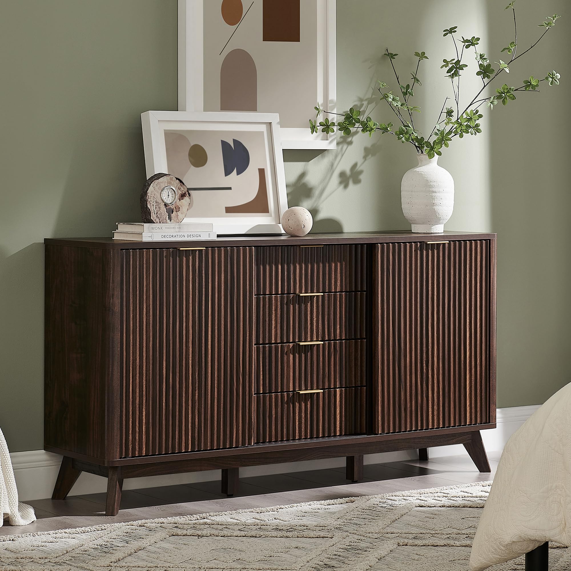 60" Fluted Dresser with Sliding Doors and 4 Drawers