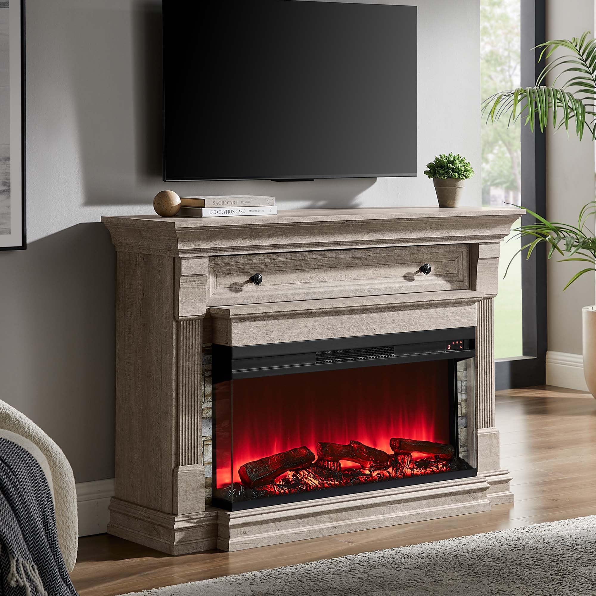 52" Electric Fireplace TV Stand with 3-Sided Glass Insert and Hidden Storage