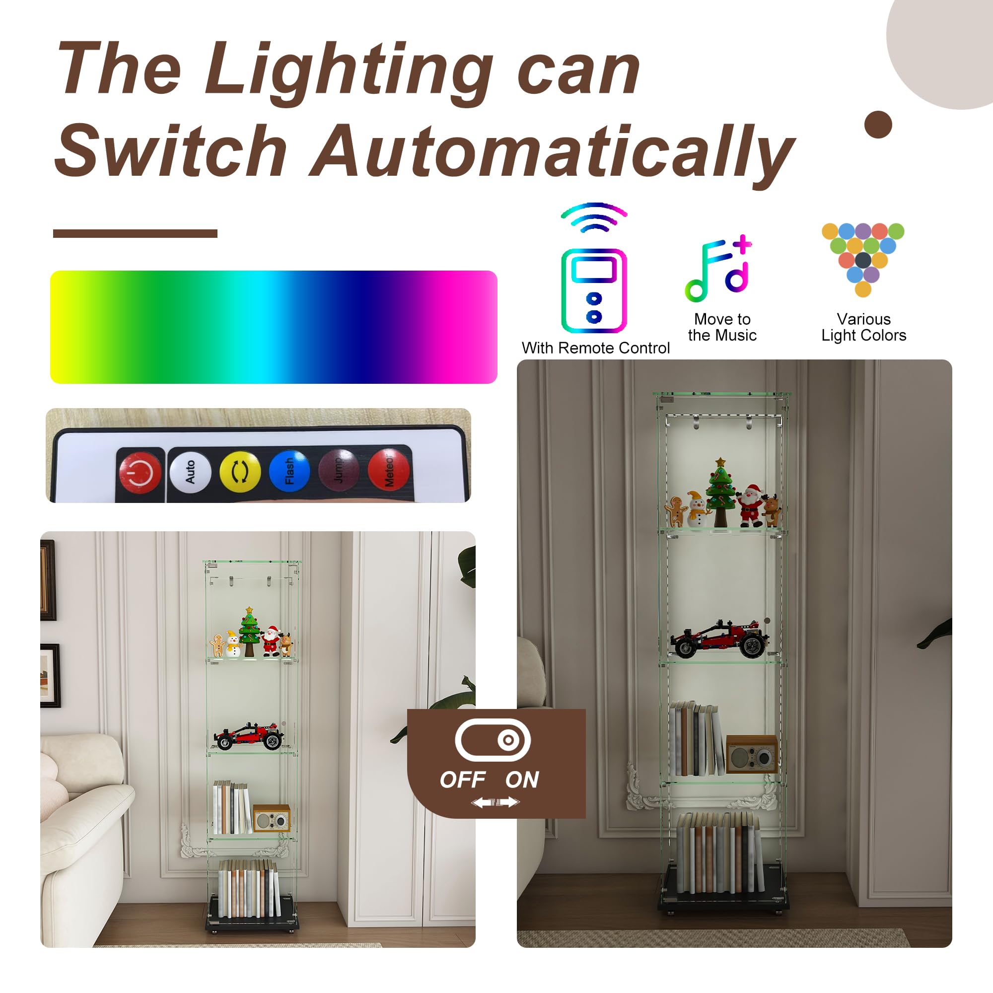 Glass Display Cabinet with LED Light and Wheels
