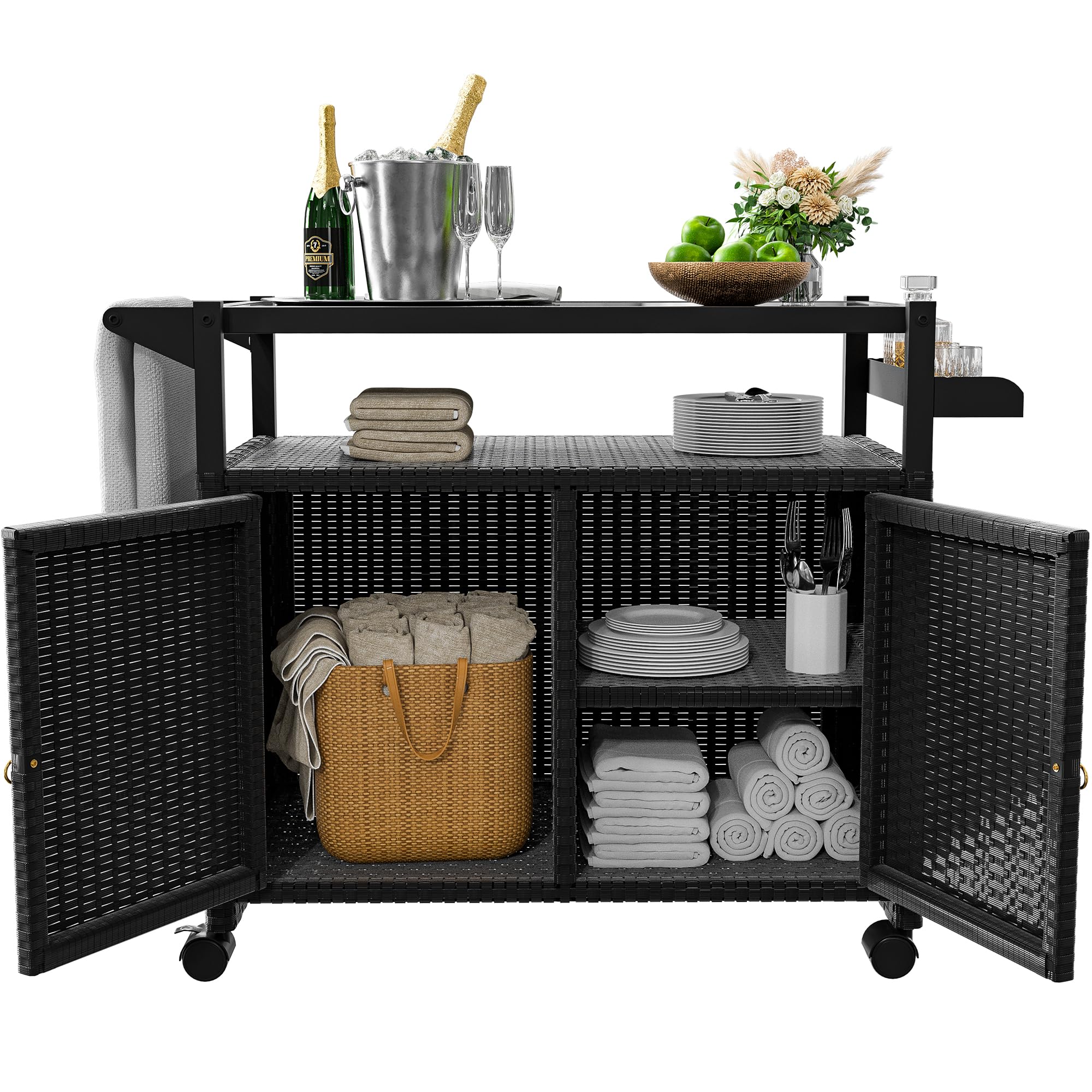 Outdoor Bar Cart with Wicker Cabinet