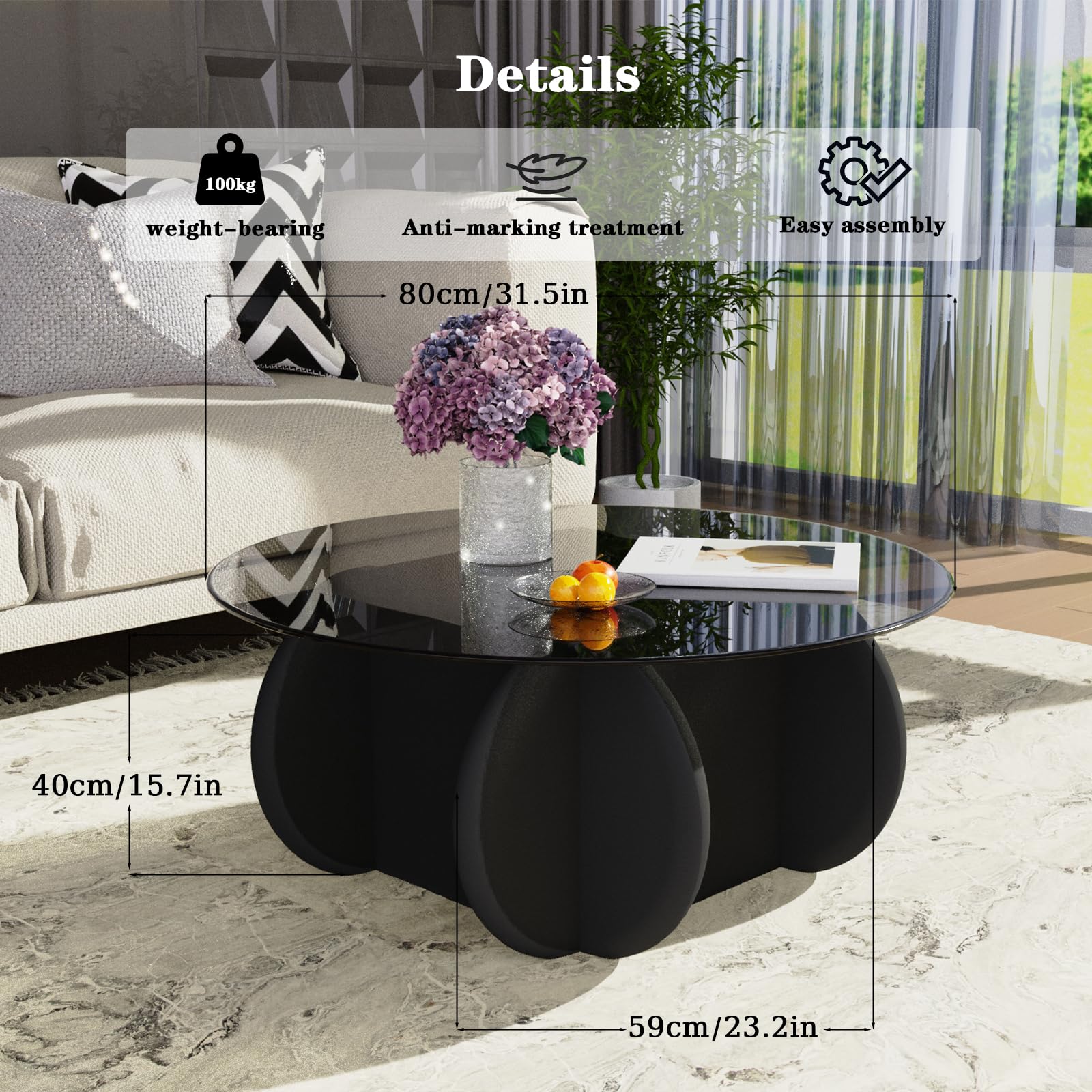 Round Glass Coffee Table with Wood Legs