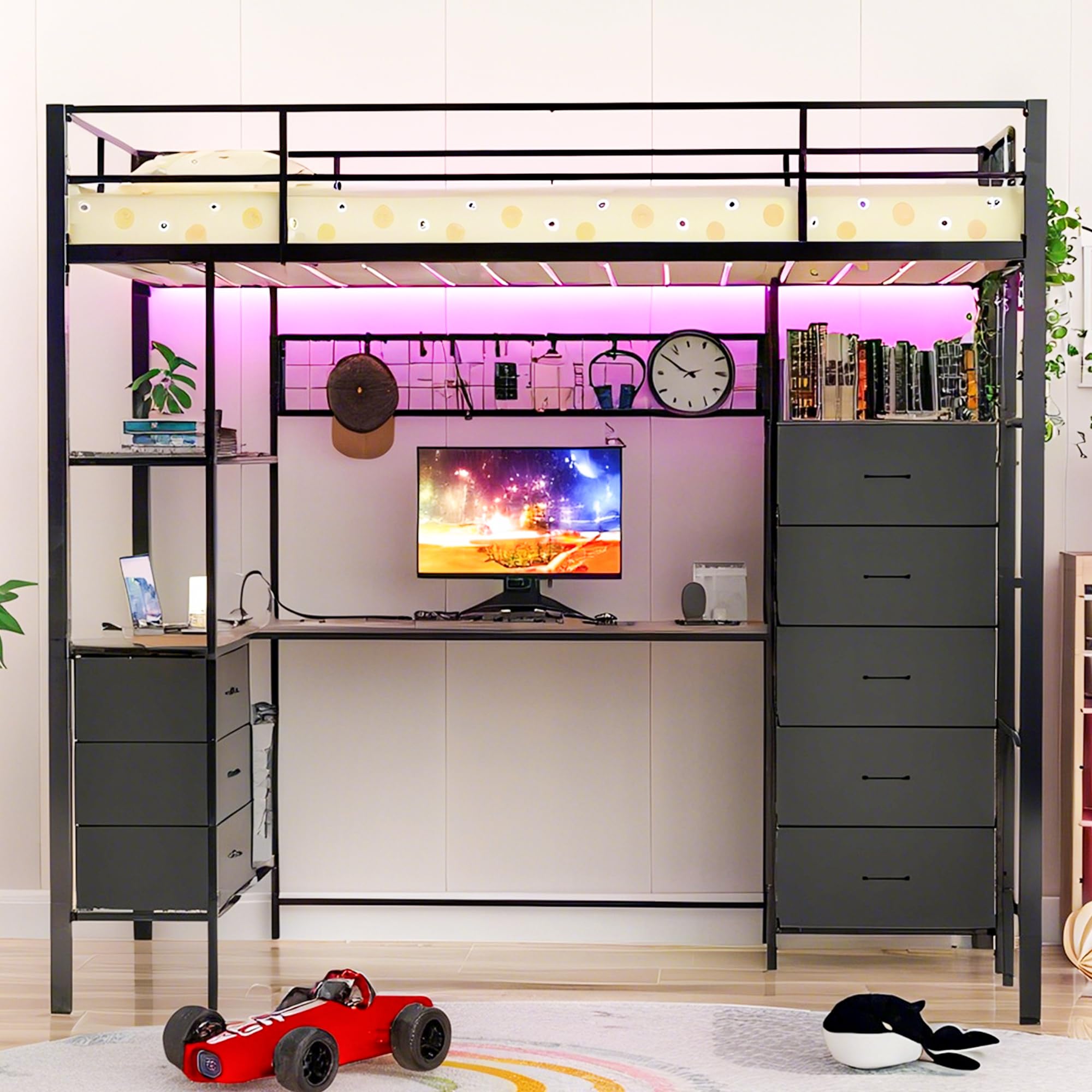 Twin Size Loft Bed with Desk and LED Lights