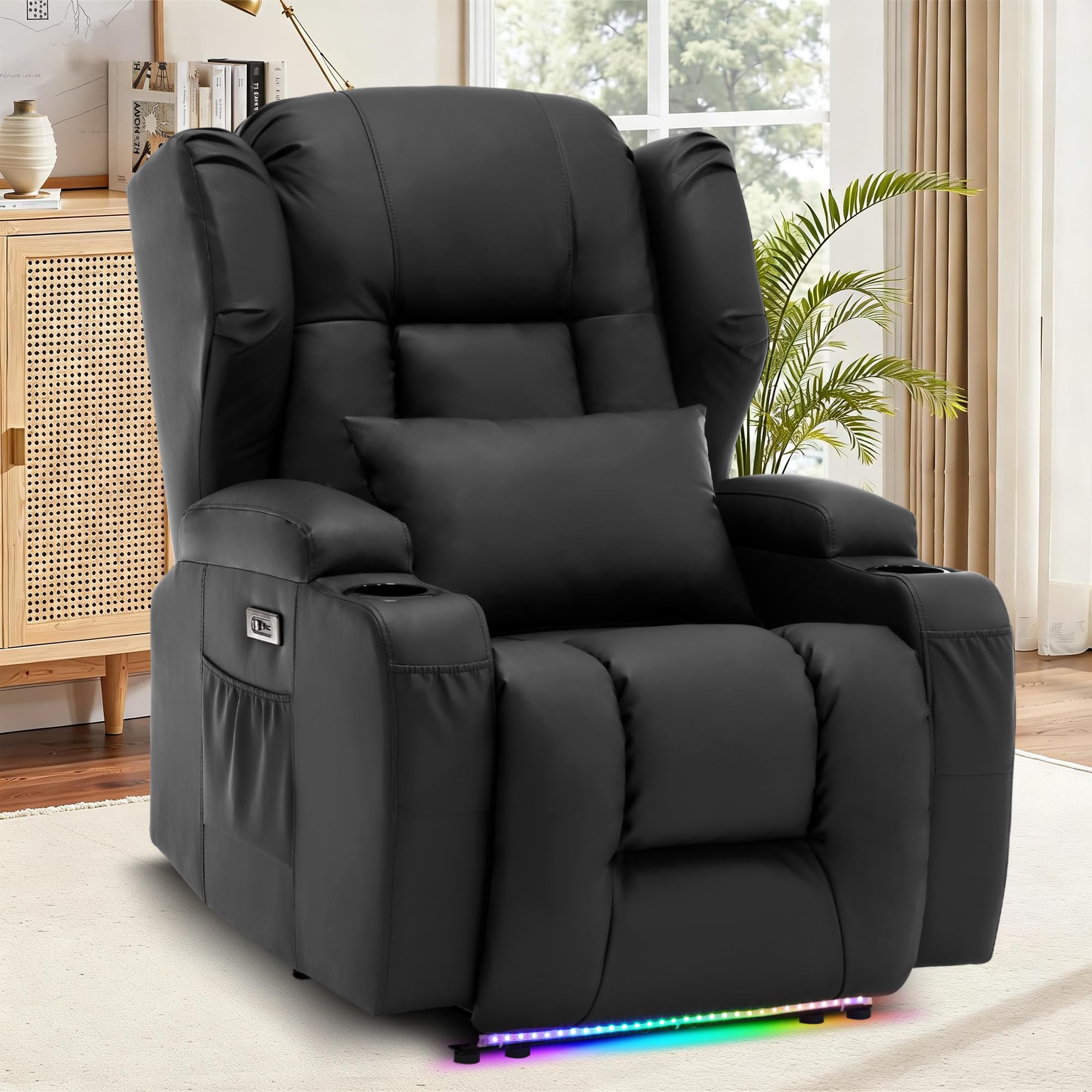 URRED Recliner Chair for Adults, Power Reclining Sofa Chair Home Theater Seating with Vibration Massage and Heat, LED Ambient Light, USB Ports, Cup Holders, Side Pockets (Black)
