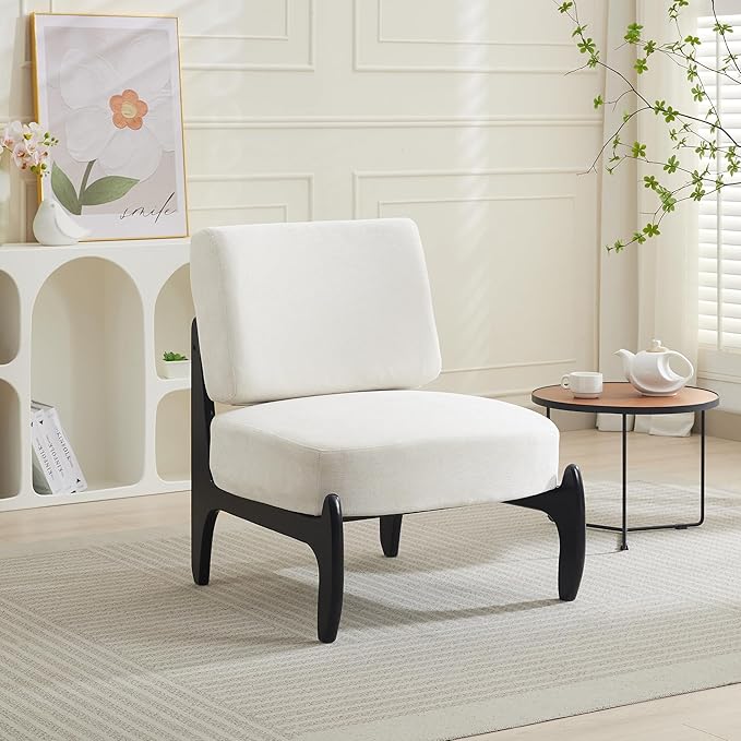 Mid-Century Linen Accent Chair with Solid Wood Base