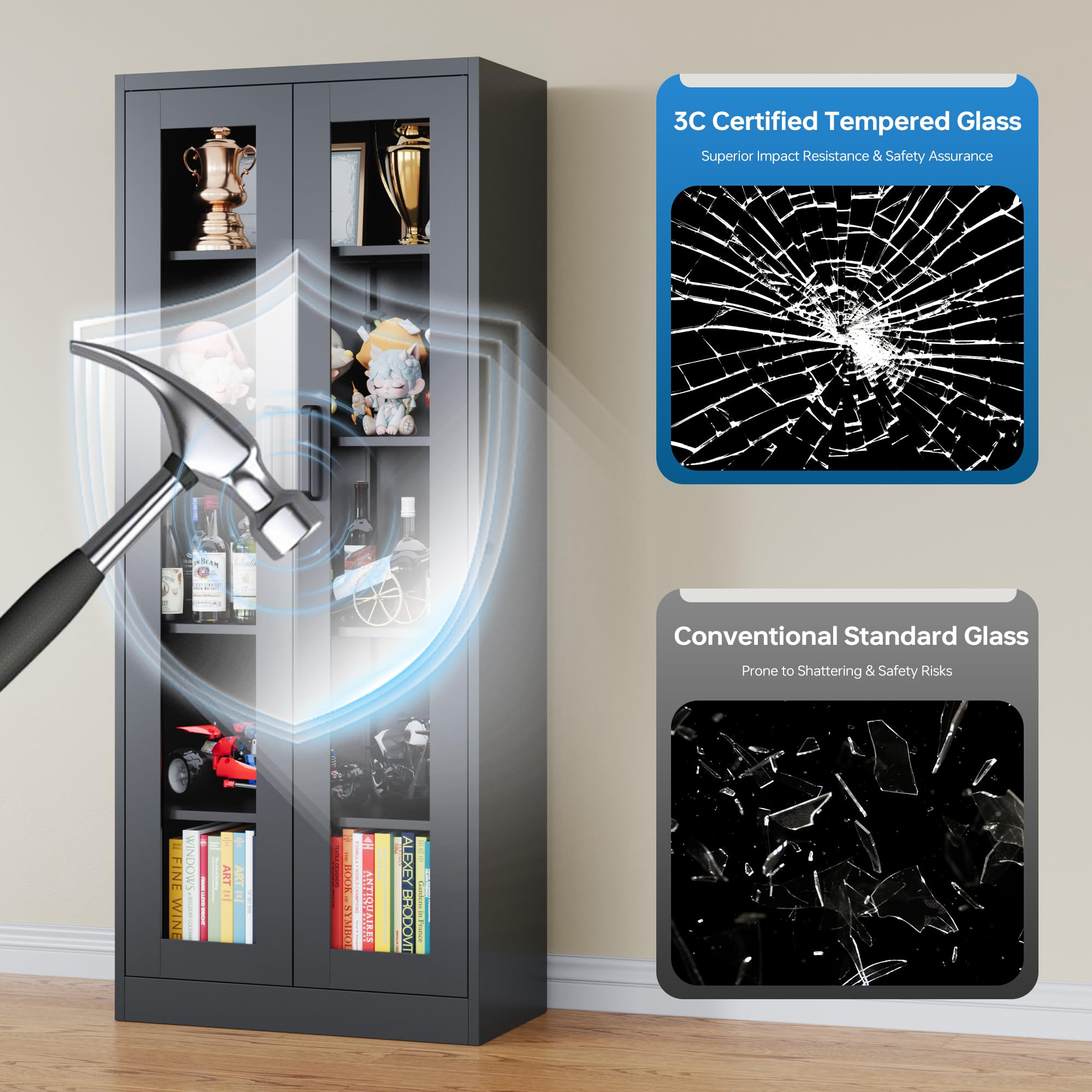 Display Cabinet with Glass Doors and Lockable Storage