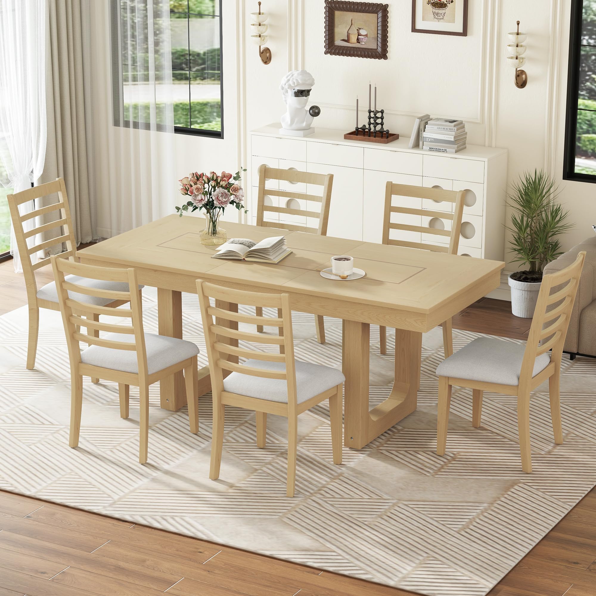 7 Piece Extendable Dining Table Set with Upholstered Chairs