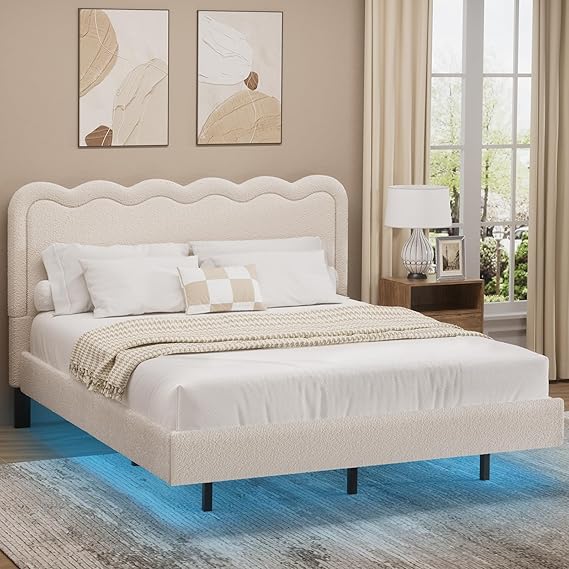 Full Size Boucle Upholstered Bed Frame with Adjustable Headboard