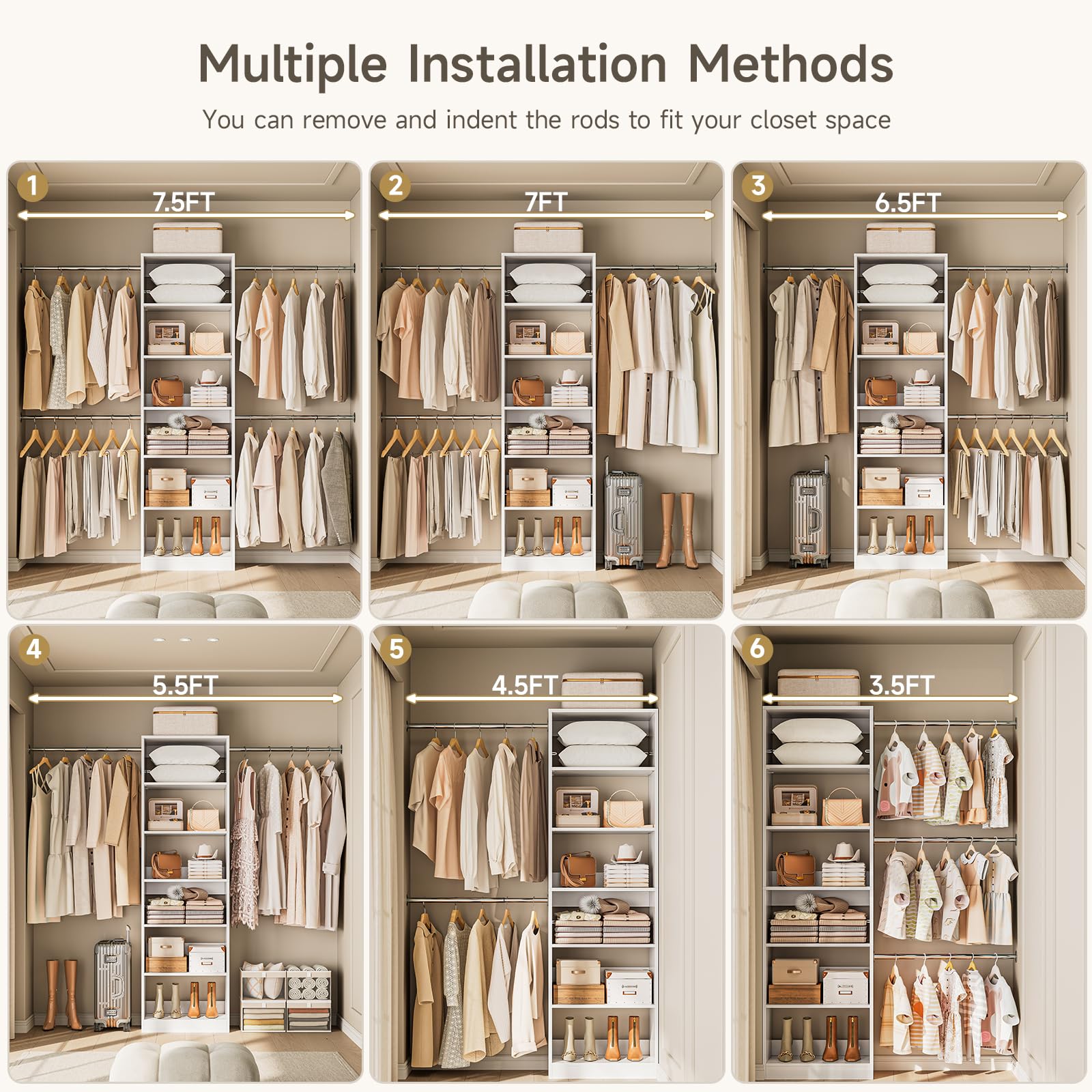 Wall-Mounted Closet Organizer System with Telescopic Rods and Adjustable Shelves