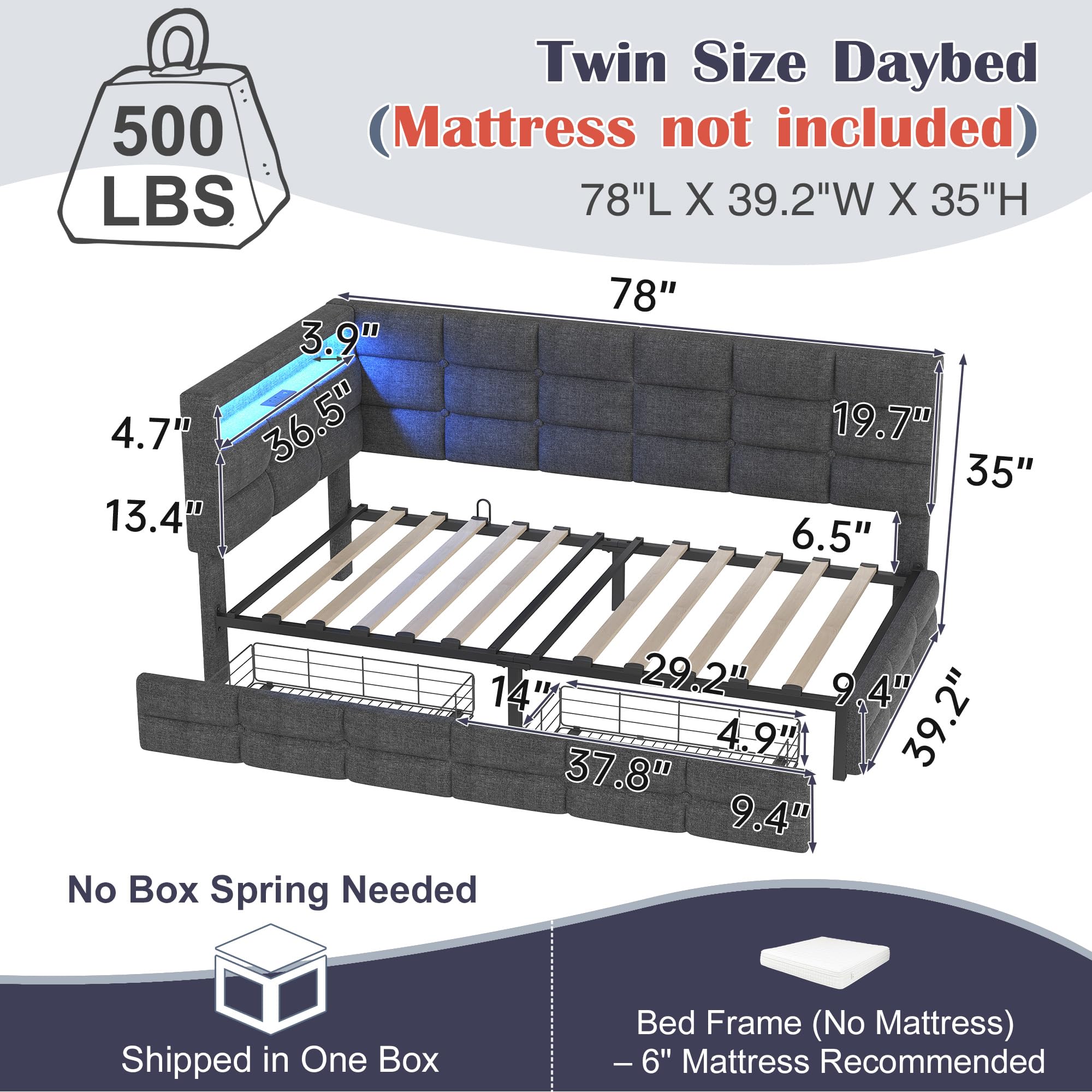 Twin Daybed with LED Lights, Storage Drawers & Charging Station