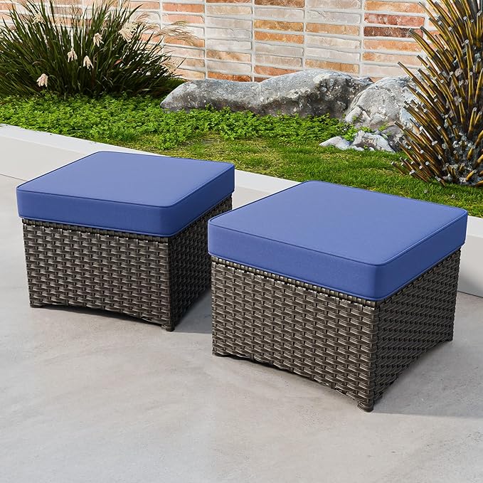 Outdoor Wicker Ottoman Set of 2 Square Rattan Footrest