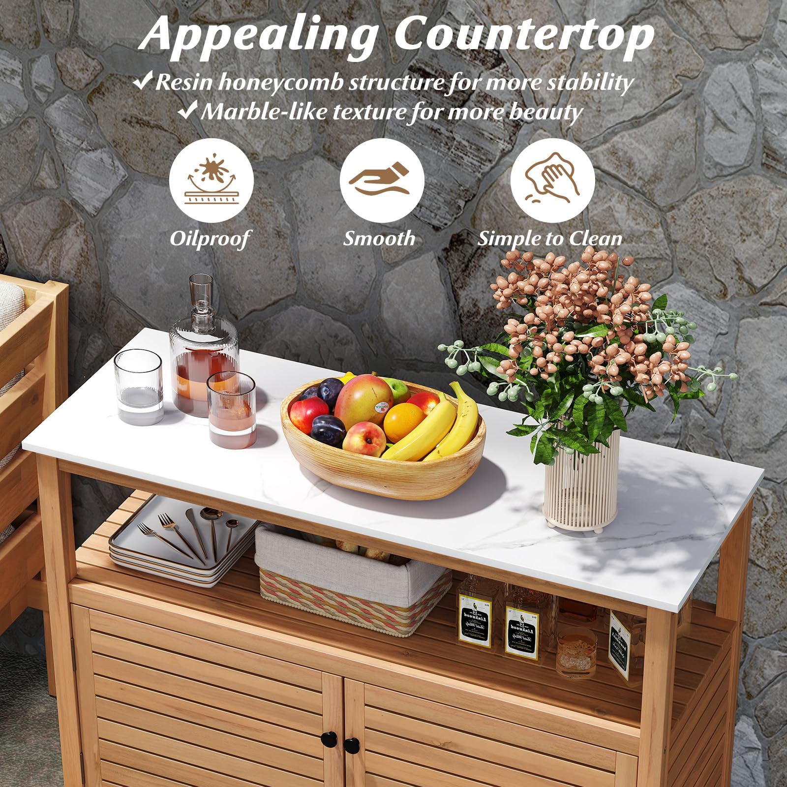 Acacia Wood Patio Storage Cabinet with Marble-Like Countertop