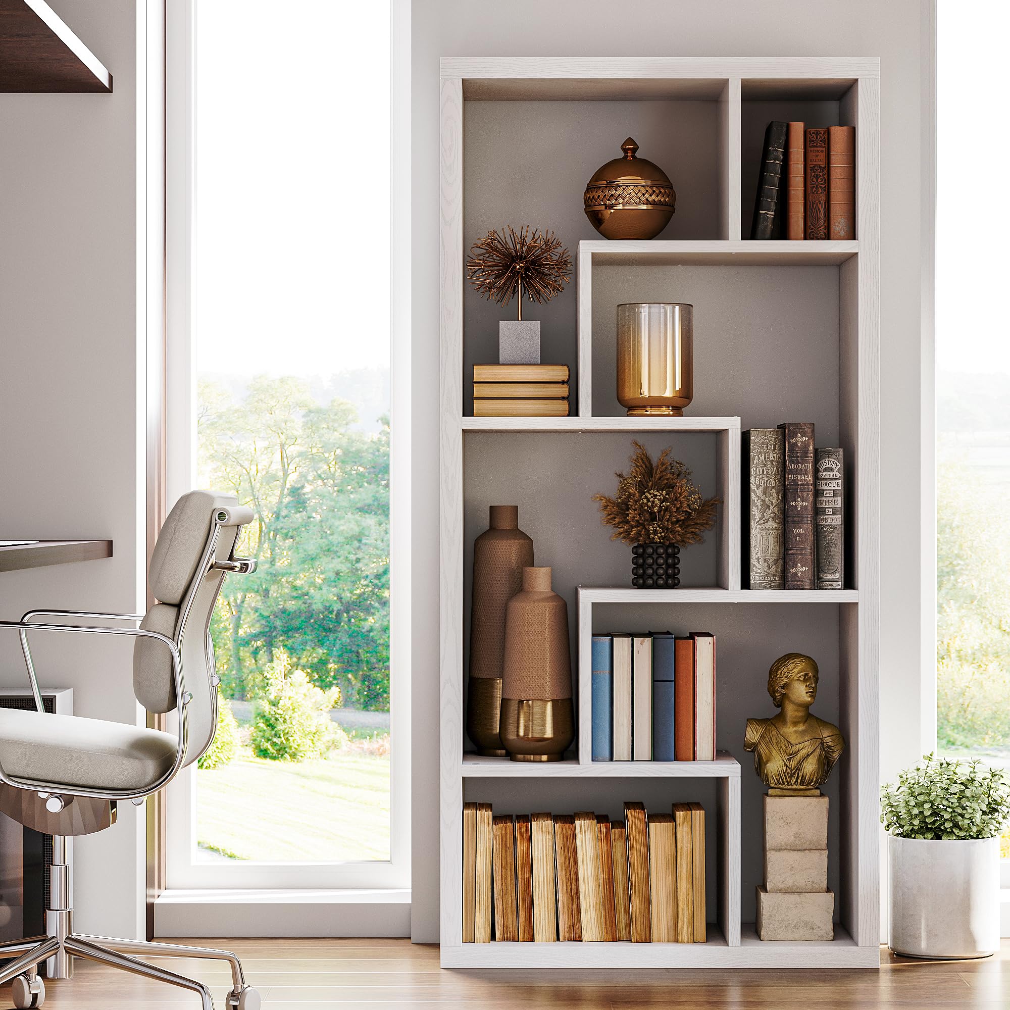 Geometric Bookcase 6-Shelf Industrial White Etagere Tall Storage Display