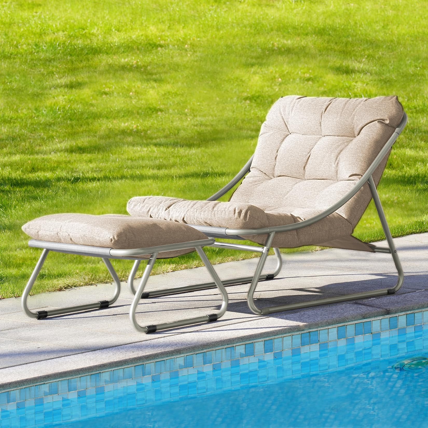 Outdoor Lounge Chair with Foot Stool - Sling Recliner with Cushion