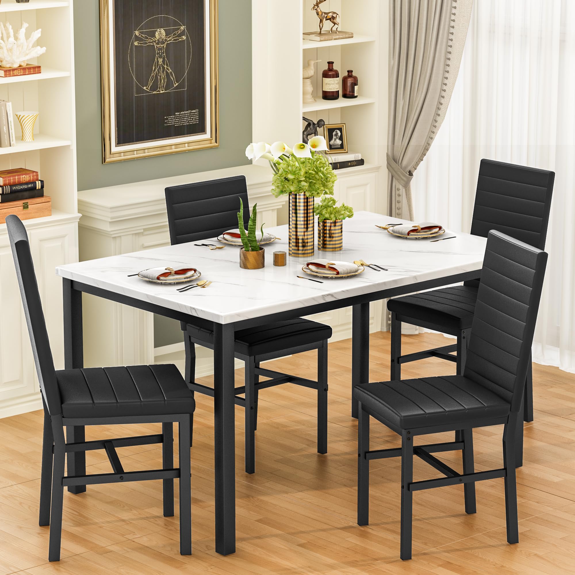 5-Piece Faux Marble Dining Table Set with 4 Upholstered Chairs