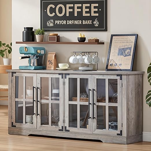 63" Farmhouse Buffet Sideboard Cabinet with Glass Door