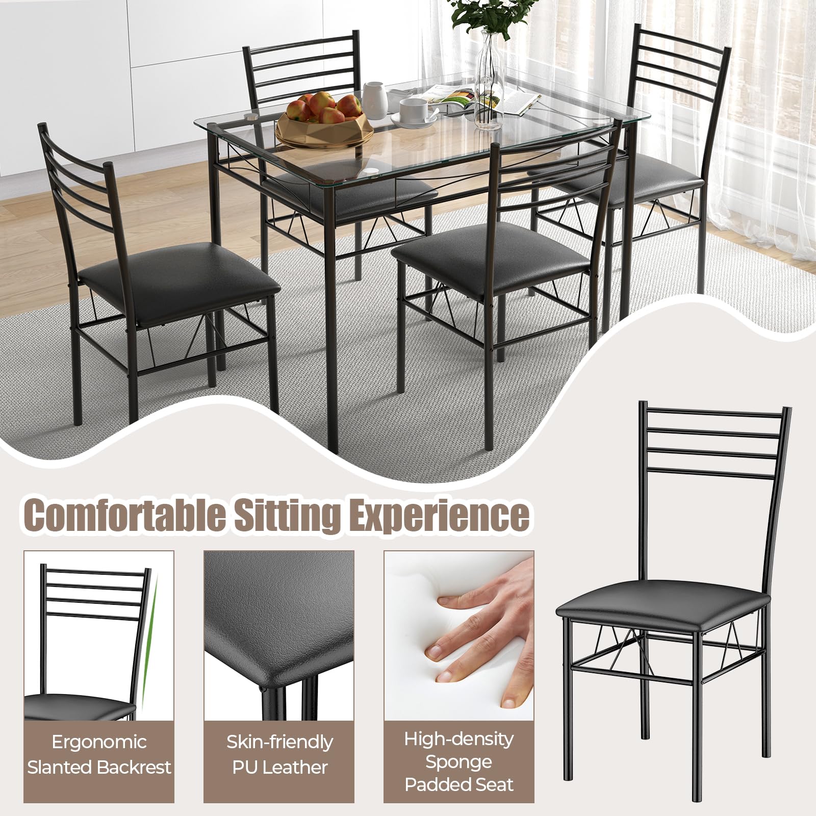5 Piece Dining Table Set with Tempered Glass Top