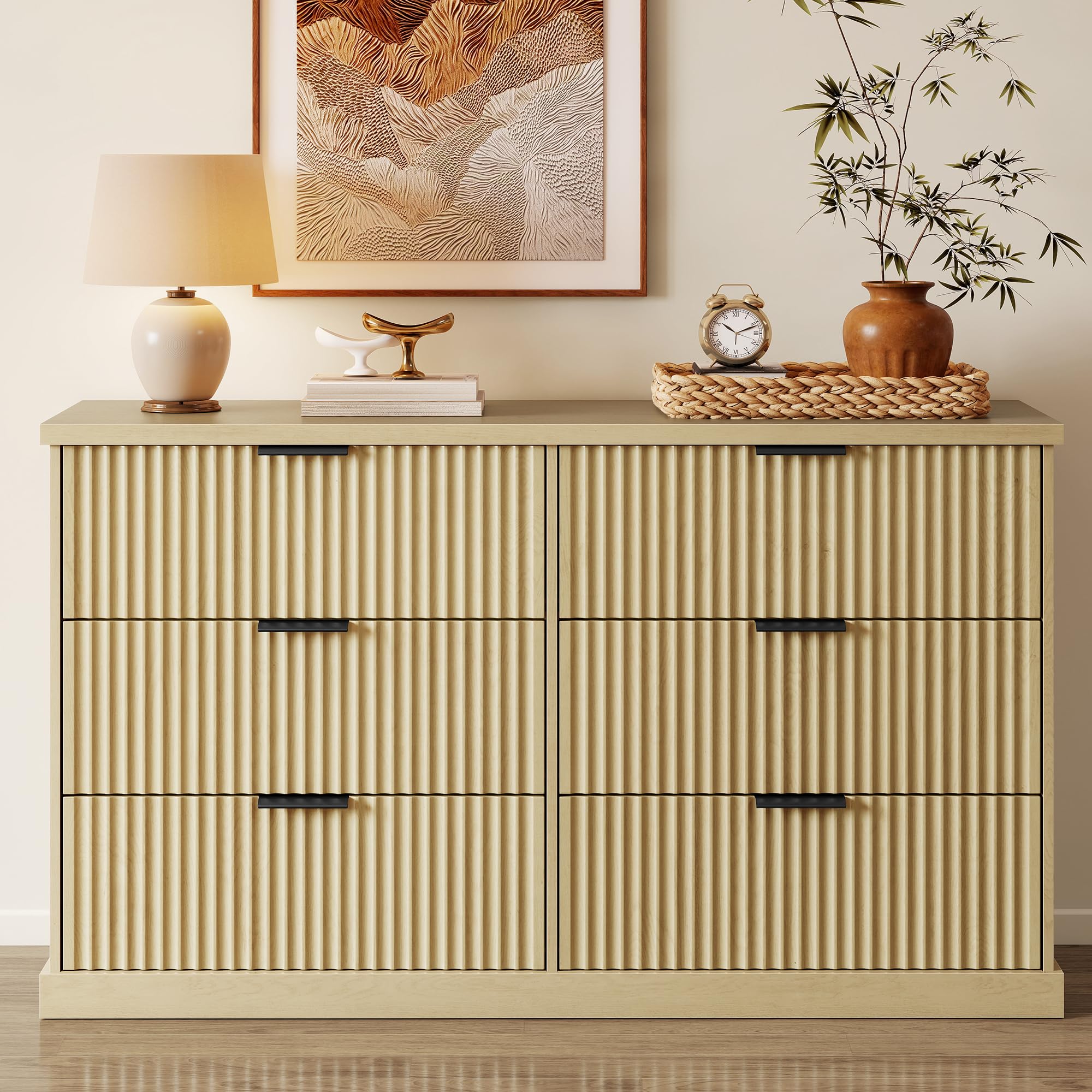 6-Drawer Wide Dresser with Fluted Panels