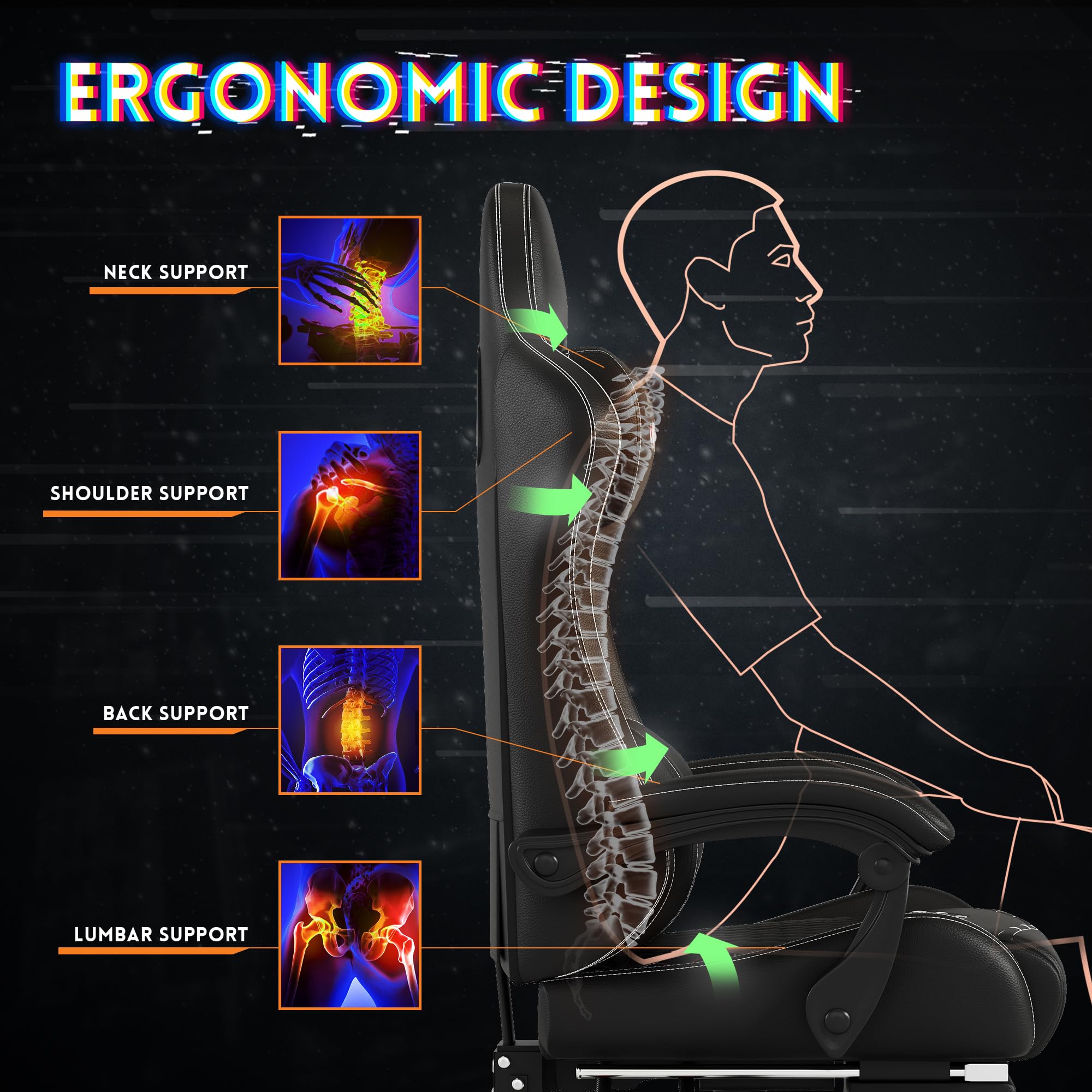 Ergonomic Gaming Chair with Retractable Footrest - 400lb Capacity
