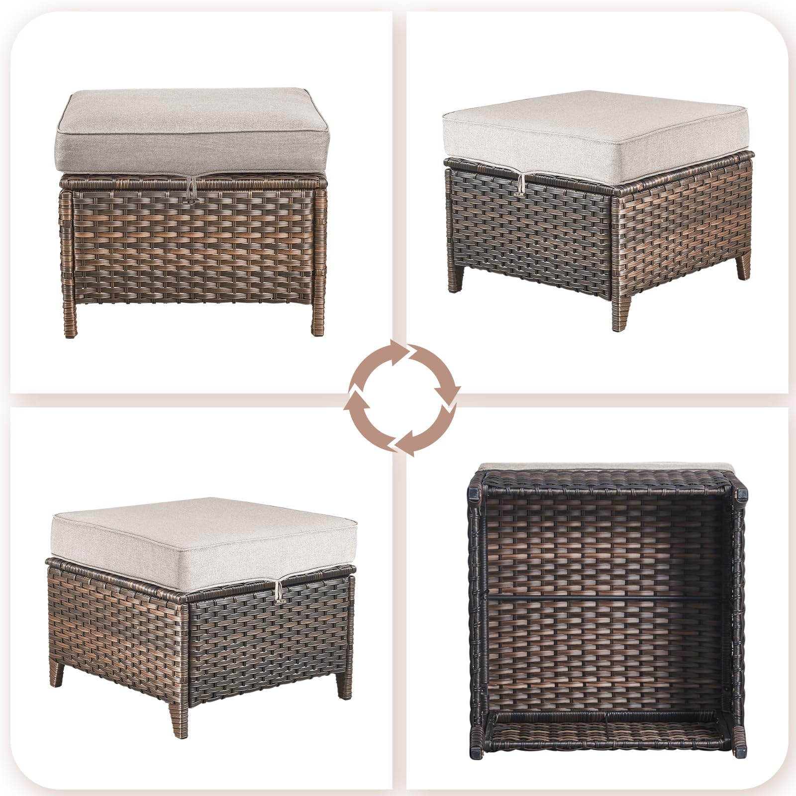 2-Piece Outdoor Wicker Ottoman Side Table Set - Brown Rattan Footrest Bench