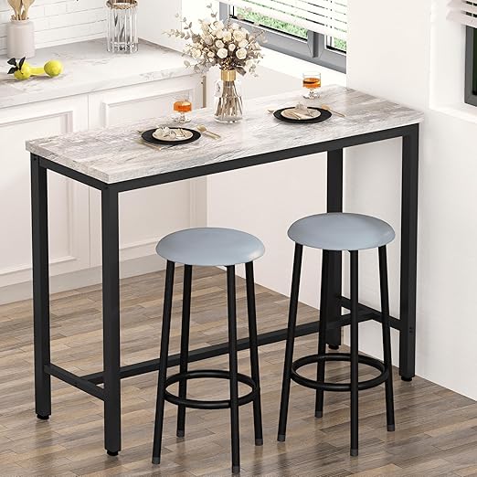 3-Piece Bar Table Set with Faux Marble Top and Upholstered Stools