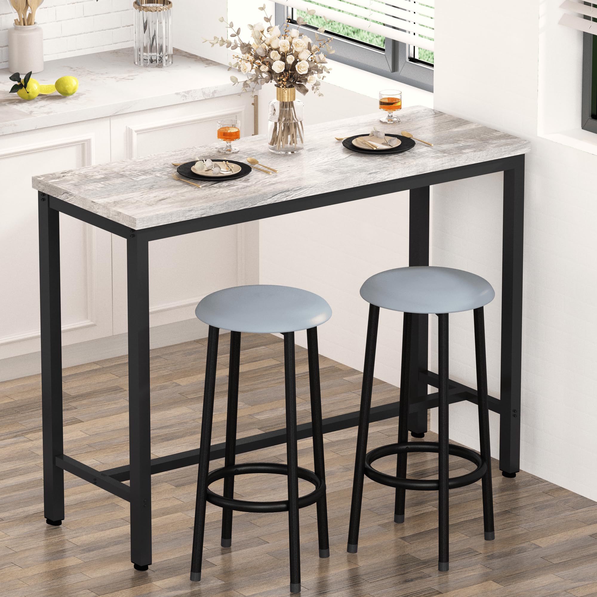 3-Piece Faux Marble Bar Table Set with Upholstered Stools