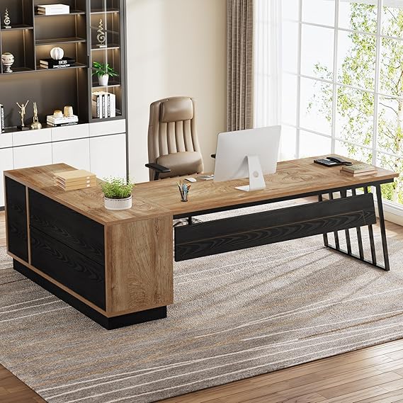 71-Inch L-Shaped Executive Desk with Cabinet and Storage