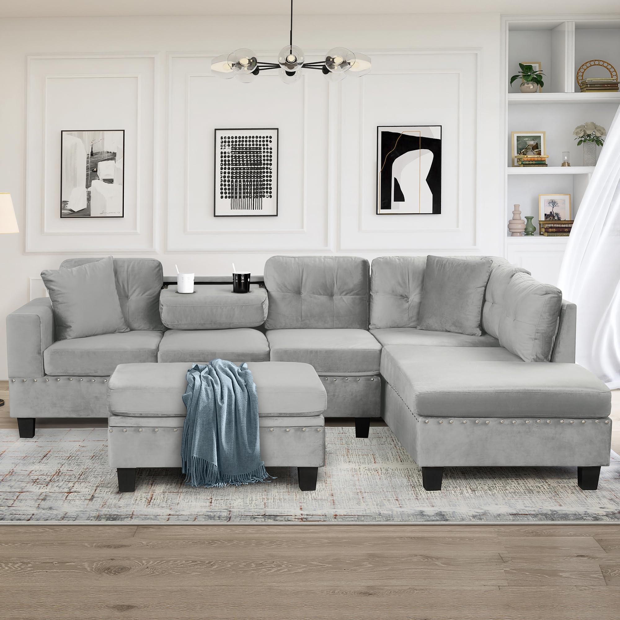 Modern L-Shaped Sectional Sofa with Storage Ottoman